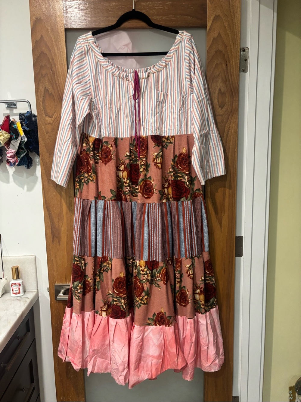Handmade Tiered Patchwork Floral Stripe Maxi Dress